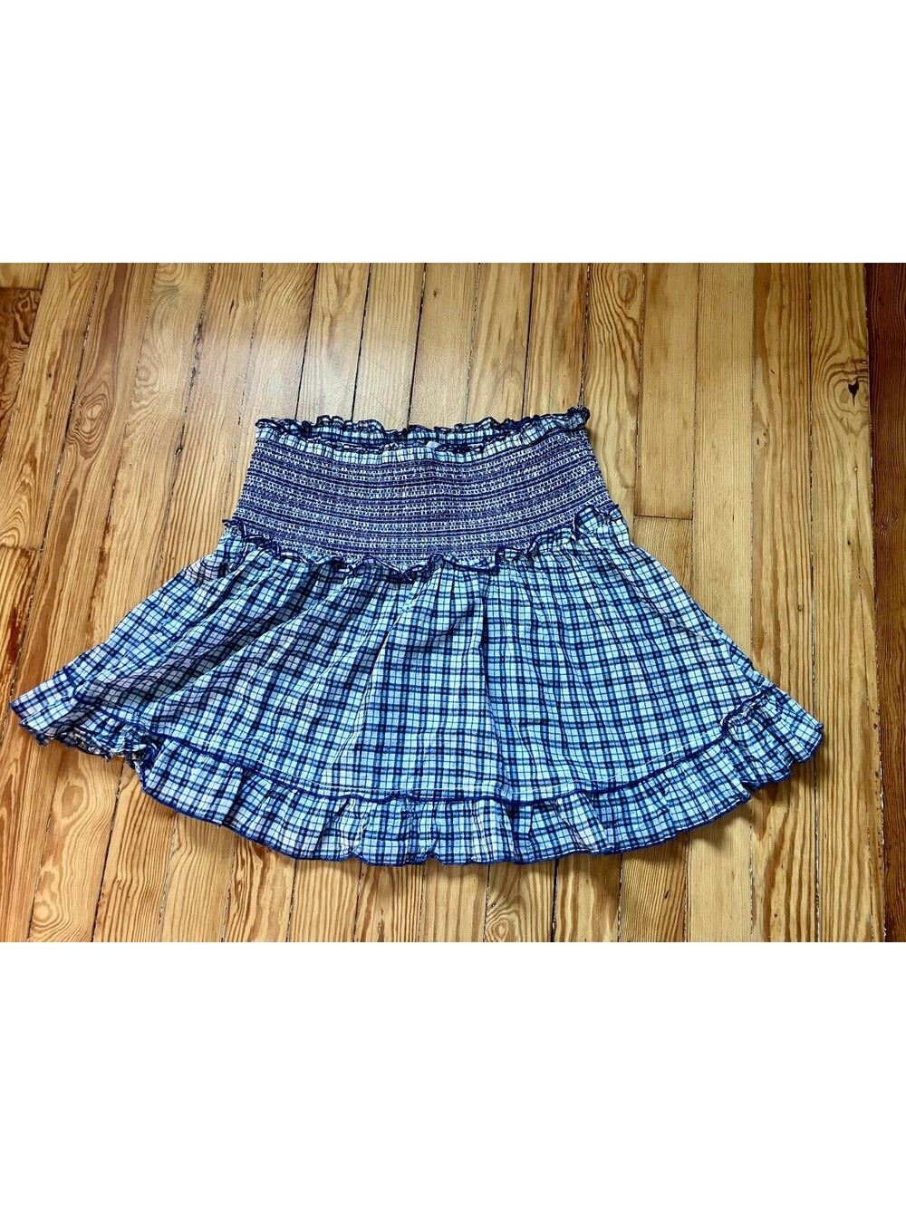 Maeve Anthropologie Blue Plaid Smocked Ruffle Mini Skirt Cottagecore L